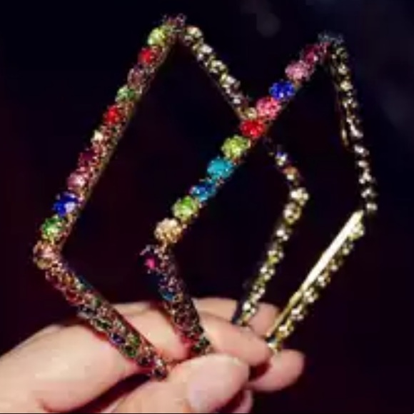 Square Multi Colored Crystal Earrings - Picture 1 of 8